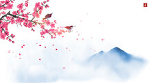 Two Birds On Blossoming Sakura Tree Branch And Far Blue Mountains. Traditional Oriental Ink Painting Sumi-e, U-sin, Go-hua. Hieroglyph - Joy