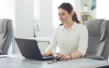 Wall Mural - Young attractive business woman working in office smiling looking into laptop