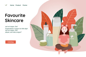 Wall Mural - women characer sitting while using face mask and some of skincare product behind her vector illustration