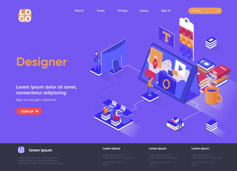 Poster - Designer isometric landing page. Website development, UI UX design isometry concept. Professional branding, creativity and ideas visualization flat web page. Vector illustration with people characters