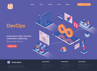 Fototapete - DevOps isometric landing page. Development operations, administration and monitoring isometry concept. Programming and engineering service flat web page. Vector illustration with people characters.