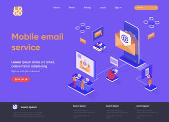 Leinwandbilder - Mobile email service isometric landing page. Email smartphone app, social network messaging isometry concept. Online people communication software web page. Vector illustration with people characters.