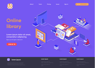 Fototapete - Online library isometric landing page. E-library application, electronic books service isometry concept. Distance education and knowledge flat web page. Vector illustration with people characters.