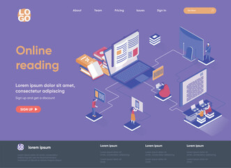 Fototapete - Online reading isometric landing page. Distance education and knowledge isometry concept. E-book reading application, online library service flat web page. Vector illustration with people characters.