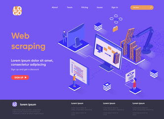 Fototapete - Web scraping isometric landing page. Process of automatic collecting and parsing raw data from web isometry concept. Data extraction software flat design. Vector illustration with people characters.