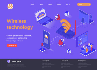 Fototapete - Wireless technology isometric landing page. WiFi network communication, Internet sharing isometry concept. Various gadgets network connection flat web page. Vector illustration with people characters.