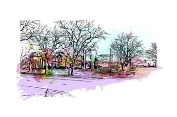 building view with landmark of fort collins is a city in northern colorado. watercolor splash with h