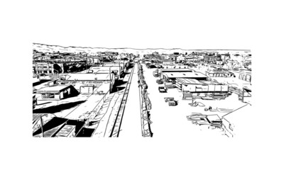 building view with landmark of fort collins is a city in northern colorado. hand drawn sketch illust