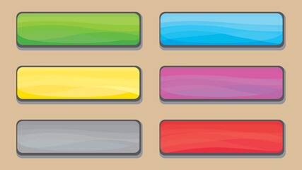 Set of colorful buttons for website or game design, flat vector template, glossy rectangular shape.