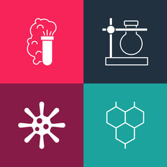 Set pop art Chemical formula, Bacteria, Test tube flask on stand and explosion icon. Vector