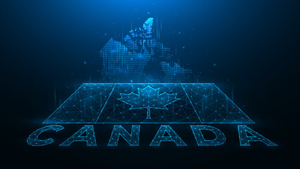 Poster - Polygonal vector illustration of map and flag of Canada. Abstract banner or template made of dots and lines on a dark blue background. Digital design. Canada Day