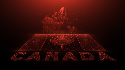 Poster - Polygonal vector illustration of map and flag of Canada. Abstract banner or template made of dots and lines on a dark red background. Canada Day