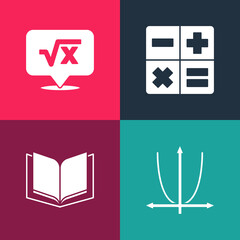 Sticker - Set pop art Graph, schedule, chart, diagram, Open book, Calculator and Square root of x glyph icon. Vector