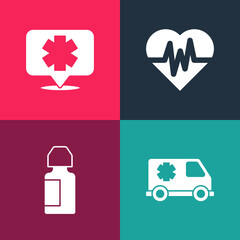 Poster - Set pop art Emergency car, Eye drop bottle, Heart rate and Medical symbol of the icon. Vector