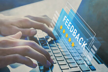 feedback concept, positive reviews online, rating 5 stars on virtual screen