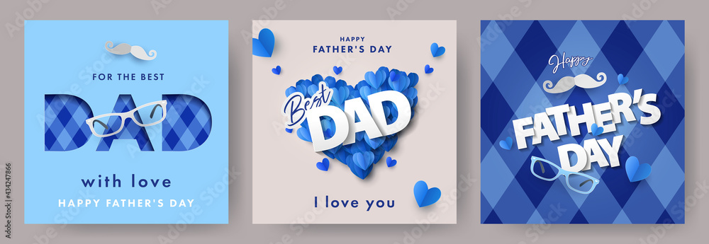 Set of Father's Day greeting cards in modern paper cut style. Fathers Day holiday illustration for greeting banner, fashion ads, poster, flyer, social media, promotion and sale - obrazy, fototapety, plakaty 