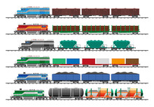 Set Of Train Cargo Wagons, Cisterns, Tanks And Cars. Railroad Freight Collection. Flatcar, Boxcar, Car Carriage. Industrial Carriages, Side View. Cargo Rail Transportation. Flat Vector Illustration