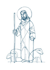 Wall Mural - Jesus Christ Good Shepherd ink illustration