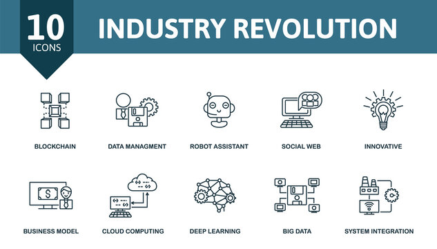 Industry Revolution icon set. Contains editable icons industry 4.0 theme such as blockchain, manufacturing, cloud technology and more.