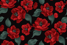 Seamless Floral Pattern. Large Red Flowers And Leaves On A Dark Background. Vector Illustration.