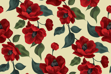 Seamless pattern with large red flowers. The blossoming buds of lush red flowers along with foliage on a branch. Floral background. Vector.