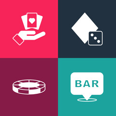 Poster - Set pop art Alcohol bar location, Casino chips, Game dice and Hand holding playing cards icon. Vector