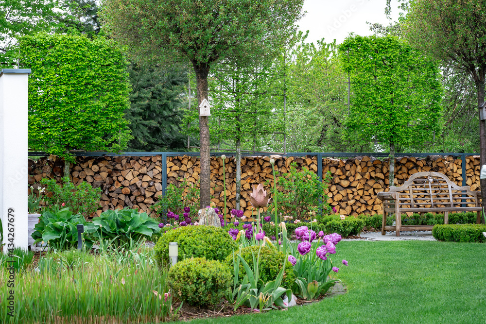 Nowoczesny piękny ogród z angielską ławeczką na tle drewnianego ogrodzenia. Dom z nowoczesnym ogrodem . Miejsce do wypoczynku - obrazy, fototapety, plakaty 