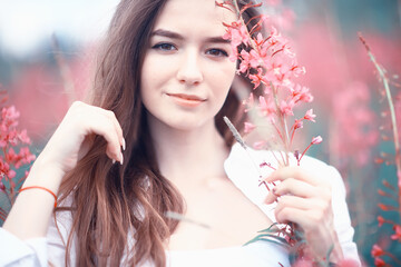 nature autumn field fashion model girl / landscape in summer field beautiful young happy model glamorous