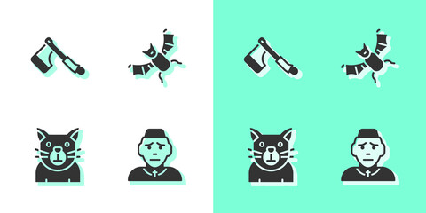 Canvas Print - set priest, wooden axe, cat and flying bat icon. vector