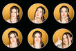 Portrait collage. Mood collection. Positive and negative emotions reactions. Headshot of pensive happy satisfied girl face isolated on orange in round frame on black set of 6.