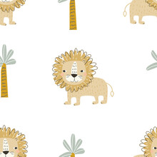 Seamless Pattern With Cute Lion Cub And Palm Trees On White Background. Vector Illustration For Printing On Fabric, Packaging Paper, Clothing. Cute Baby Background