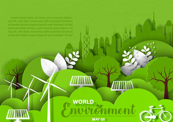 Poster - Natural plants and trees with cityscape and wind turbine in paper cut style with wording of Environment day, example texts on green paper pattern background.