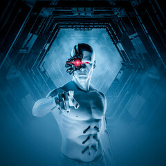 Male android cyborg point / 3D illustration of science fiction man robot with glowing red robotic eye pointing finger inside dark alien space ship corridor