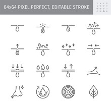 Cosmetic Properties Line Icons. Vector Illustration Include Icon - Whitening, Acne, Moisturizing, Cosmetic, Gel, Pimple, Outline Pictogram For Skincare Product. 64x64 Pixel Perfect, Editable Stroke