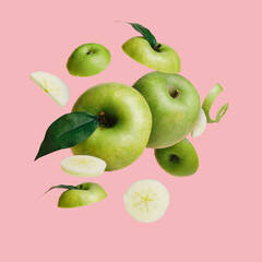 Wall Mural - Green apple slices flying and levitating on the pastel pink background. Creative fruit concept. Minimal food poster for vitamins, healthy diet or organic cosmetics.