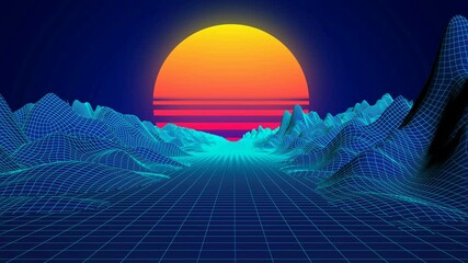 Wall Mural - Synthwave wireframe landscape. Sun over the grid. 80s style retro futurism background. Retro wave horizon landscape. 80s futuristic sci-fi 4K Seamless loop.