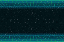 Pixel Art Of 80s Retro Sci-Fi Background. Pixel Art Background. 8bit Vector Illustration