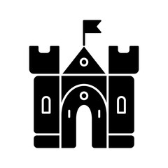 Sticker - Medieval castle black glyph icon. Historic building. Fortress, palace. Housing and fortification. Middle ages. Royal residence. Silhouette symbol on white space. Vector isolated illustration