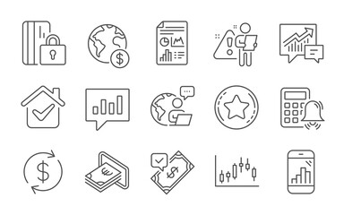 Wall Mural - report document, loyalty star and calculator alarm line icons set. candlestick graph, graph phone an