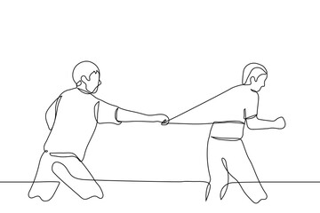 Wall Mural - man grab the man in front of him by the jacket - one line drawing. the concept of competition, chase, stalking, wrestling sports, sport behavior disorders