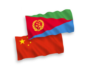 National vector fabric wave flags of Eritrea and China isolated on white background 1 to 2 proportion.