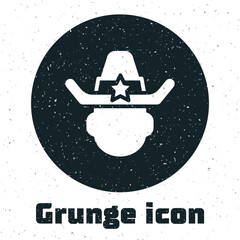 Sticker - Grunge Sheriff cowboy hat with star badge icon isolated on white background. Police officer. Monochrome vintage drawing. Vector