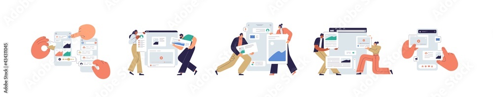 Set of UI and UX designers creating functional web interface design for websites and mobile apps. Digital wireframing process concept. Colored flat vector illustration isolated on white background - obrazy, fototapety, plakaty 