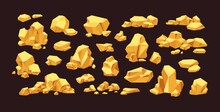Set Of Isolated Gold Mine Nuggets And Rocks. Piles And Heaps Of Golden Gem Stones. Solid Jewels Of Natural Shapes. Big And Small Shiny Crystals Of Gemstones. Colored Flat Vector Illustration