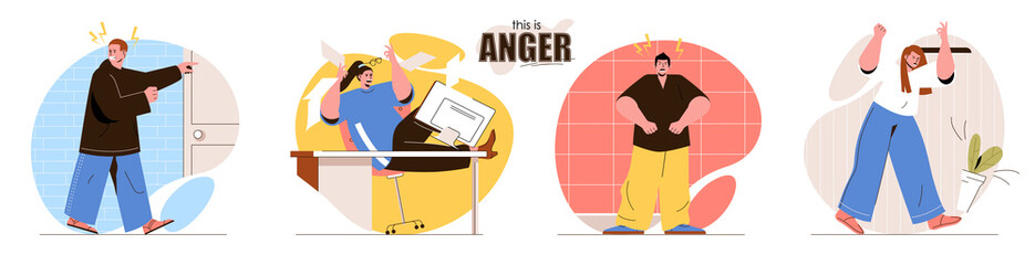 This is Anger concept scenes set. Aggressive men and women screams. Negative emotions, problems, feelings expression. Collection of people activities. Vector illustration of characters in flat design