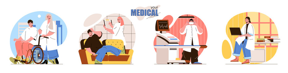 Wall Mural - Your Medical concept scenes set. Nurse assists disabled person in wheelchair, doctor diagnoses disease, making tests. Collection of people activities. Vector illustration of characters in flat design