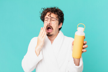 Poster - young crazy man with a coffee thermo