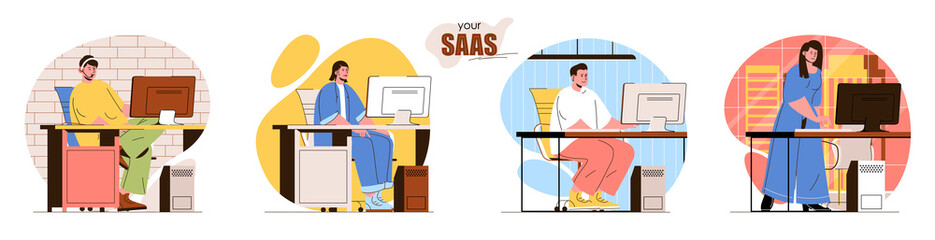 Leinwandbilder - Your SaaS concept scenes set. Developers create applications, users buy software subscriptions. Software as a service. Collection of people activities. Vector illustration of characters in flat design