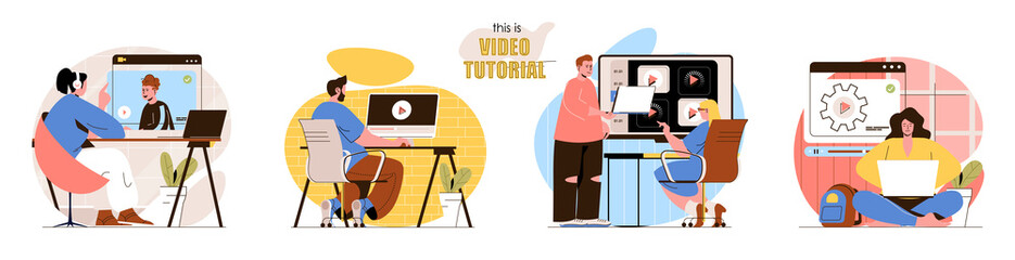 Poster - This is Video Tutorial concept scenes set. Men and women watching videos, learning online, training new skills. Collection of people activities. Vector illustration of characters in flat design