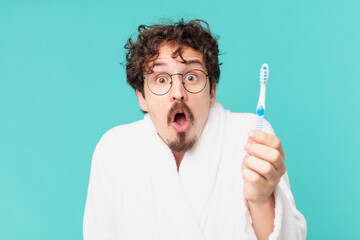 Poster - young crazy man with a teethbrush